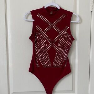 Haute Monde Burgundy and Silver  Bodysuit with Studded Design